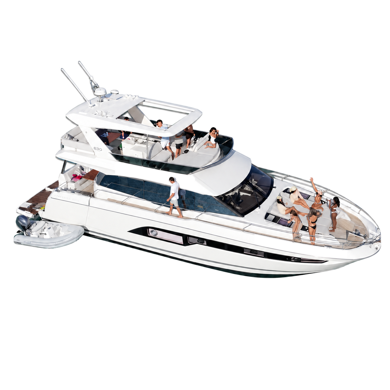 Guests relaxing on the bow and flybridge of a private luxury motor yacht in Sarasota, Florida