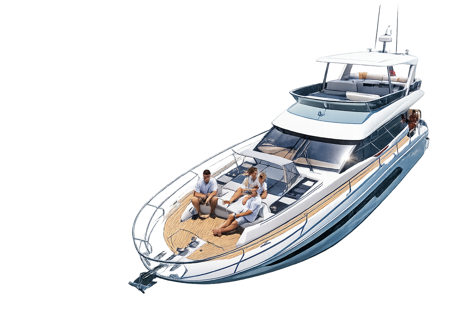 Family relaxing on the bow of a luxury motor yacht with flybridge